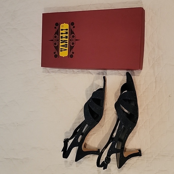 Vaneli Sparkle Navy 9.5 Narrow Kitten Heel Strappy Dress - Picture 9 of 12